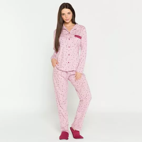 Pijama Com Bolsos- Rosa Claro & Bordô