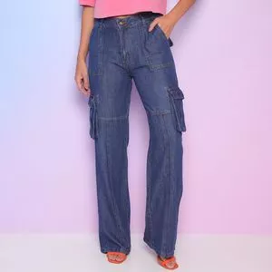 Calça Cargo Jeans<BR>- Azul