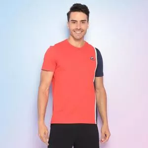 Camiseta Com Bordado<BR>- Vermelha & Azul Marinho