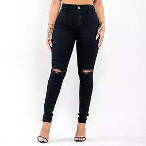 Calça Jeans Skinny Com Puídos<BR>- Preta<BR>- 206OZ