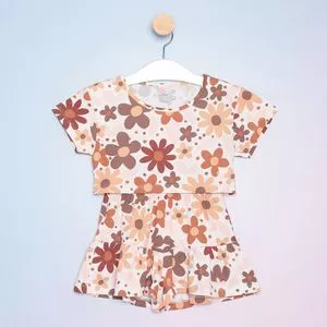 Conjunto De Blusa & Short Floral<BR>- Off White & Marrom<BR>- Costão Têxtil