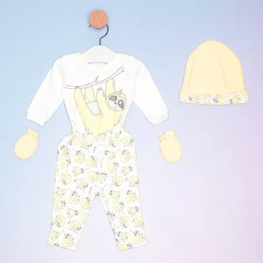 Pijama Bicho-Preguiça- Branco & Amarelo Claro- Bicho-Molhado