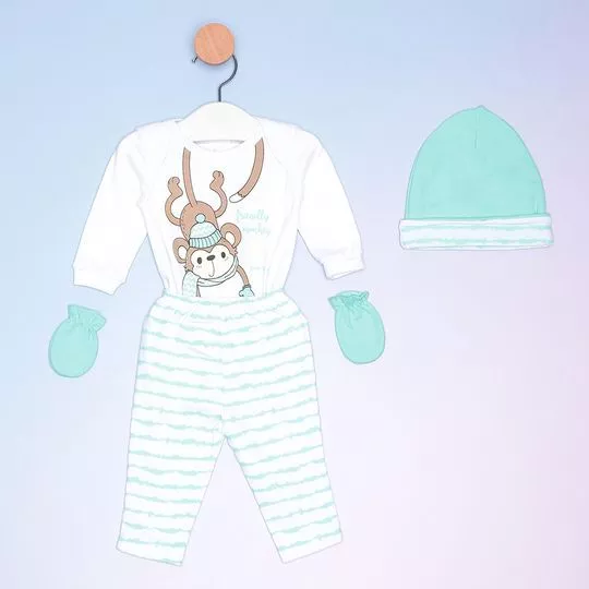 Pijama Macaco- Branco & Verde Água- Bicho-Molhado
