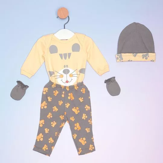 Pijama Tigre- Laranja Claro & Cinza Escuro- Bicho-Molhado
