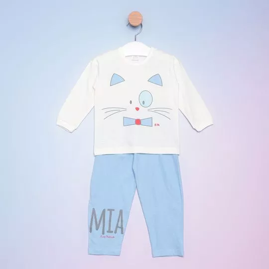 Pijama Gatinho- Off White & Azul- Bicho-Molhado