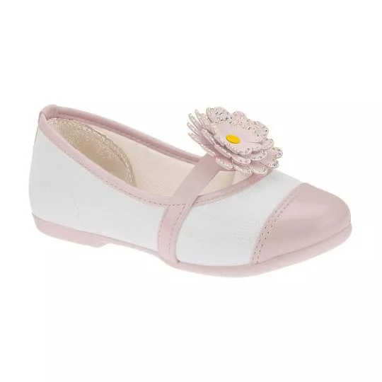 Sapato Boneca Com Flor - Branco & Rosa Claro - Kidy