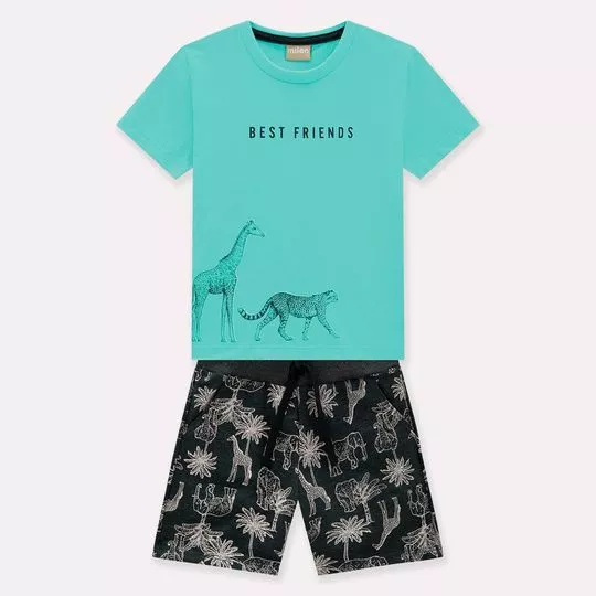Conjunto Infantil De Camiseta & Bermuda Animais- Verde Água & Cinza Escuro- Milon