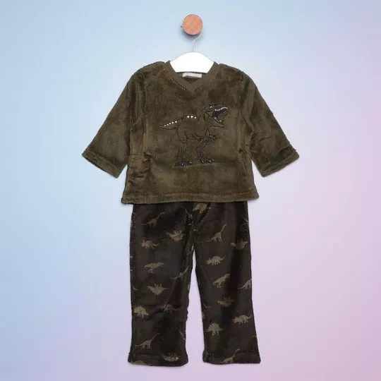 Pijama Infantil Dinossauros - Verde Militar & Marrom Escuro - HERING