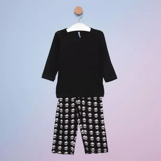 Pijama Infantil Caveiras- Preto & Off White- Jogê