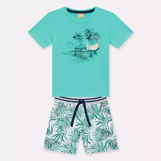 Conjunto Infantil De Camiseta & Bermuda Folhagens - Verde Água & Cinza Claro - Milon