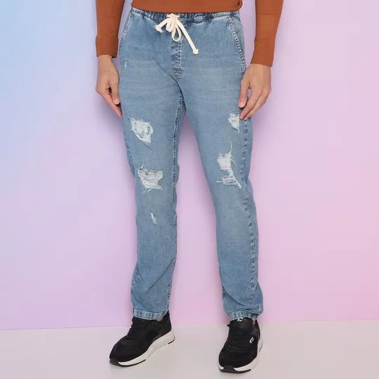Calça Jeans Reta Com Destroyed - Azul Claro - Iódice
