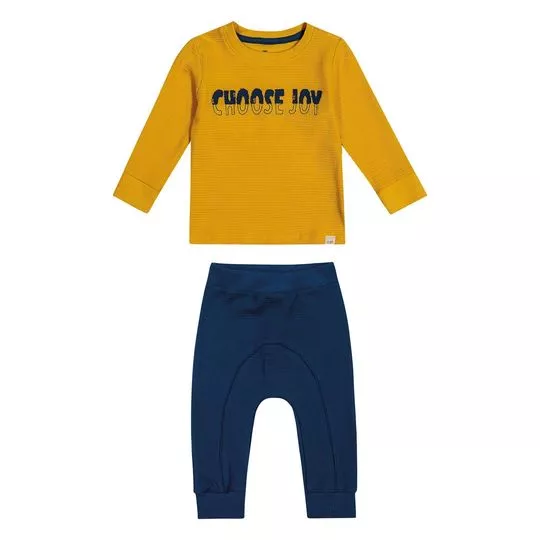 Conjunto De Camiseta Canelada & Calça Jogger - Amarelo Escuro & Azul Marinho - Colorittá