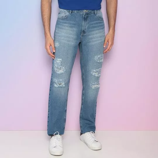 Calça Jeans Reta Com Rasgos - Azul - Iódice