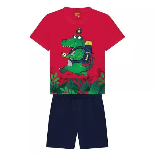 Conjunto Infantil De Camiseta & Bermuda - Vermelho & Azul Marinho - Kyly