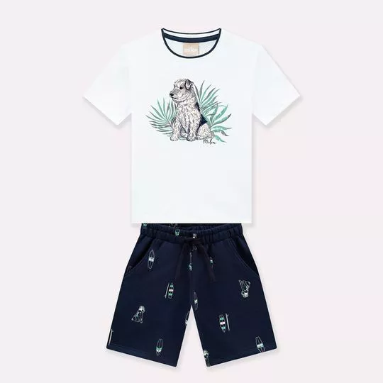 Conjunto Infantil De Camiseta & Bermuda - Branco & Azul Marinho - Milon