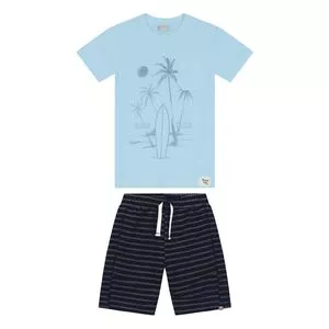 Conjunto De Camiseta Coqueiros & Bermuda Listrada<BR>- Azul Claro & Preto<BR>- Trick Nick