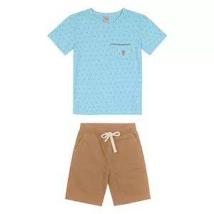 Conjunto De Camiseta & Bermuda<BR>- Azul Claro & Marrom<BR>- Trick Nick