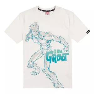 Camiseta Groot®<BR>- Branca & Azul<BR>- Marvel