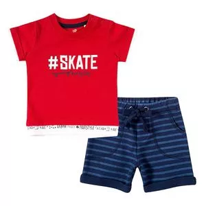 Conjunto De Camiseta Skate & Bermuda<BR>- Vermelho & Azul Marinho