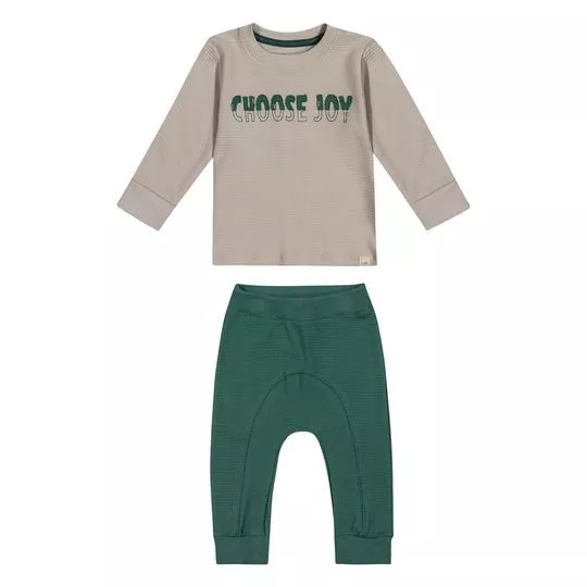 Conjunto De Camiseta Canelada & Calça Jogger- Bege Claro & Verde Escuro- Colorittá