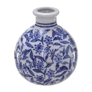 Mini Vaso Decorativo Folhagens<BR>- Branco & Azul Escuro<BR>- 10,5xØ9cm<BR>-  Mabruk