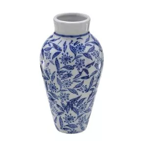 Mini Vaso Decorativo Folhagens<BR>- Branco & Azul Escuro<BR>- 14xØ7,5cm<BR>-  Mabruk