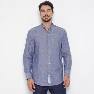 Camisa Regular Fit Em Linho<BR>- Azul Marinho
