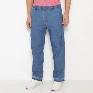 Calça Jeans Cargo Com Recortes<BR>- Azul