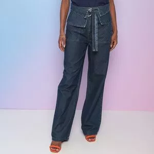 Calça Jeans Wide Leg Com Recortes<BR>- Azul Escuro<BR>- MARIA VALENTINA