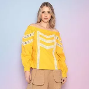 Blusa Ciganinha Com Renda<BR> - Amarela & Branca<BR> - Skazi