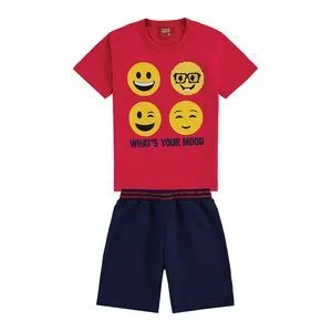 Conjunto De Camiseta Emojis & Bermuda<BR>- Vermelho & Azul Marinho<BR>- Kyly