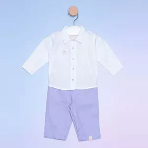 Conjunto De Camisa Com Bordado & Calça Reta<BR>- Branco & Lilás<BR>- Bicho Molhado