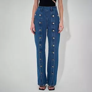 Calça Jeans Reta Com Botões<BR>- Azul Escuro