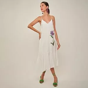 Vestido Mídi Flor<BR>- Off White & Roxo
