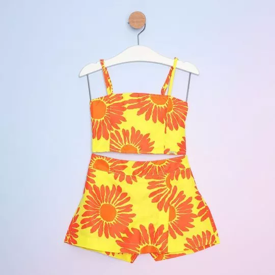 Conjunto De Cropped & Short Saia Floral- Amarelo & Laranja- Mylu