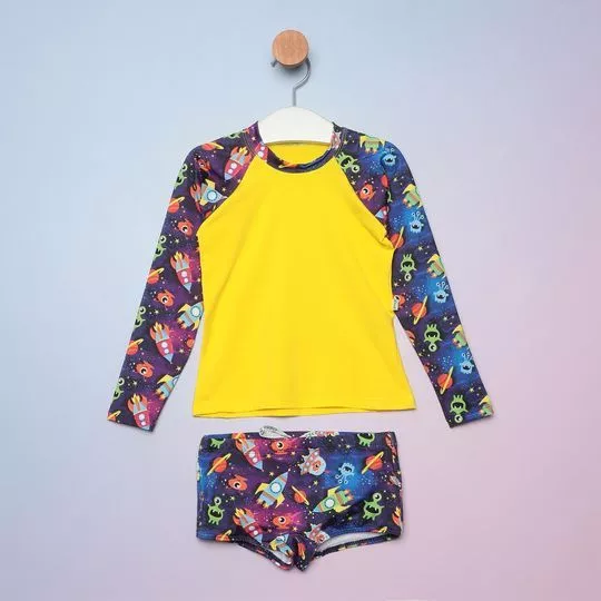 Conjunto De Camiseta & Sungão Foguetinhos- Amarelo & Azul Marinho- Ceci Moda Praia