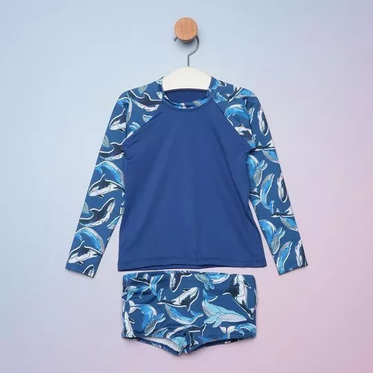 Conjunto De Camiseta & Sungão Baleias- Azul Marinho & Azul Claro- Ceci Moda Praia