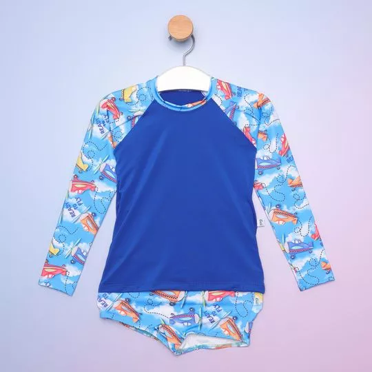 Conjunto De Camiseta & Sungão UV- Azul Escuro & Azul Claro- Ceci Moda Praia