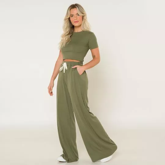 Conjunto De Cropped & Calça Pantalona Canelada- Verde Militar- Anna Kock Sleepwear