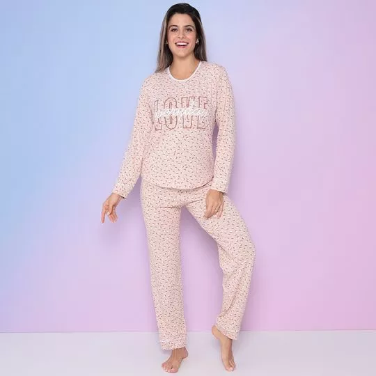 Pijama Em Poá- Bege Claro & Branco- Zulai