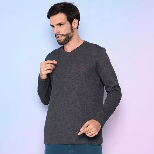 Suéter Decote V Em Tricô Com Retilínea Listrada- Cinza Escuro