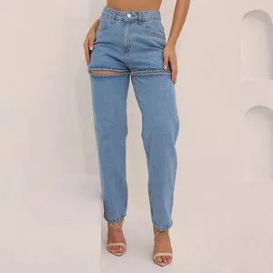 Calça Jeans Mom Com Recortes<BR>- Azul
