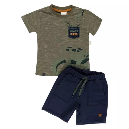 Conjunto De Camiseta Dinossauro & Short Com Bolsos- Verde Militar & azul Marinho