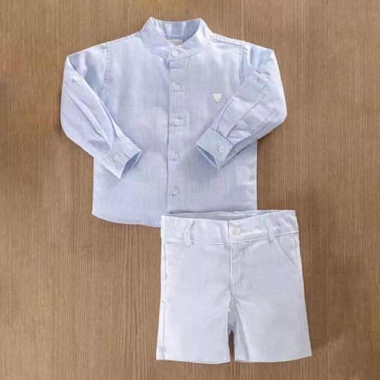 Conjunto De Camisa Lisa & Bermuda Para Batizado- Azul Claro & Branco