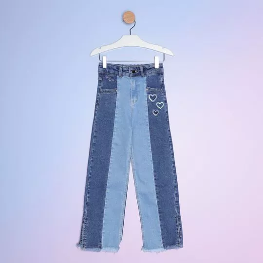Calça Jeans Reta Com Recortes- Azul Escuro & Azul Claro