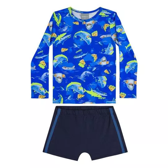 Conjunto De Camiseta & Sunga Tubarão- Azul & Preto- Quimby