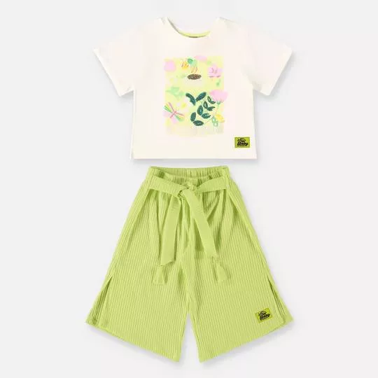 Conjunto De Blusa Floral & Calça Pantacourt Canelada- Off White & Verde Limão- Up Baby & Up Kids