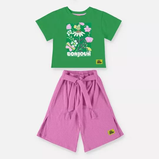 Conjunto De Blusa Floral & Calça Pantacourt Canelada- Verde & Rosa Escuro- Up Baby & Up Kids