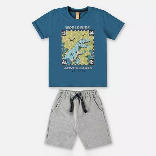 Conjunto De Camiseta Dinossauros & Bermuda Com Bolsos- Azul Escuro & Cinza- Up Baby & Up Kids