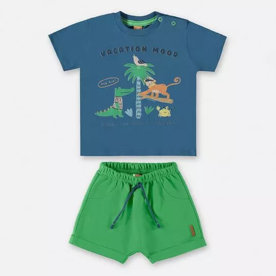 Conjunto De Camiseta Bichinhos & Bermuda Com Bolsos- Azul & Verde- Up Baby & Up Kids